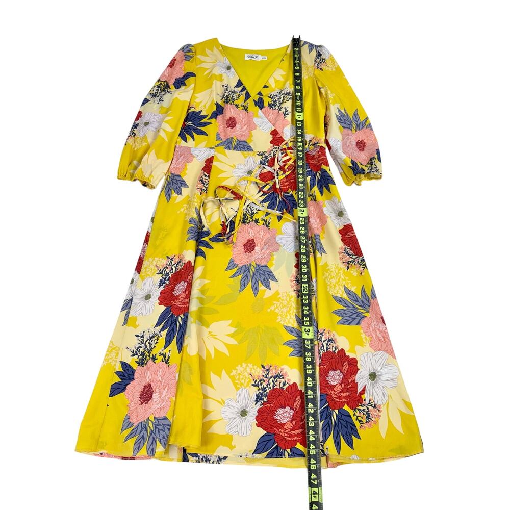 Eliza J Floral Faux Wrap Midi Dress Women's 12 Yellow Multicolored - Picture 16 of 16